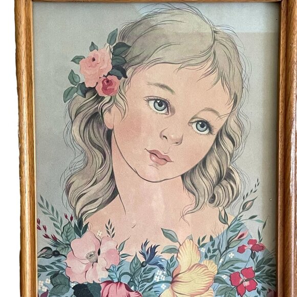 Vintage Miki Ferro 50s/60s Print Drawing Blond Blue Eyed Girl Framed Floral - Picture 2 of 5